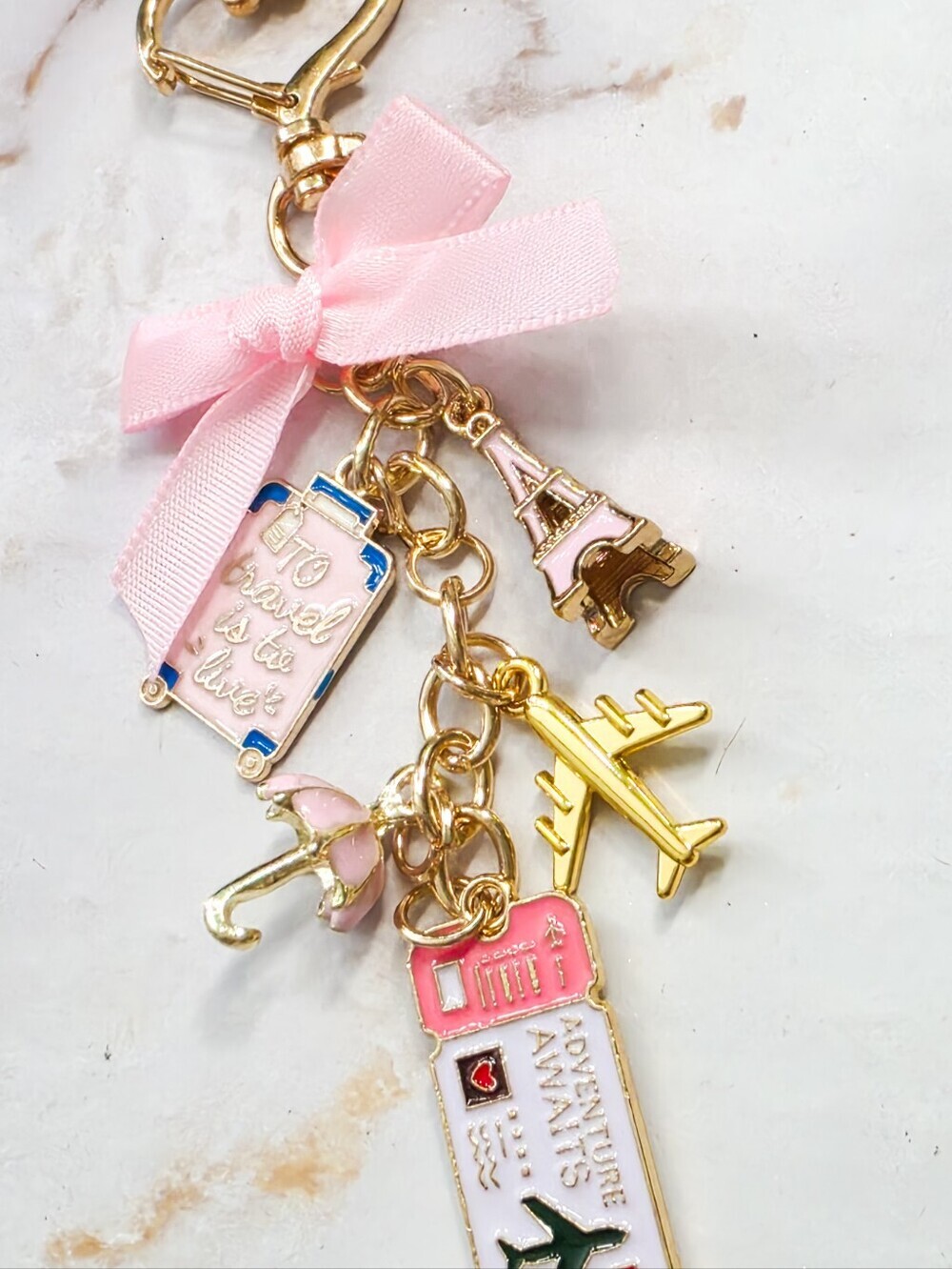 Coquette Travel Keychain Pink Bow Airplane Eiffel Tower Charm Bag Charm - Picture 5 of 7